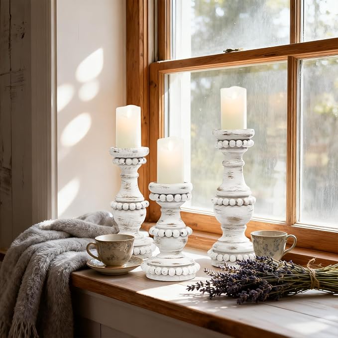 Farmhouse Large Candle Holders for Pillar Candles, Rustic Wooden Beaded Candle Holder, Perfect for Table Centerpieces, Coffee Table or Fireplace Mantel, 3 Piece Set (White)