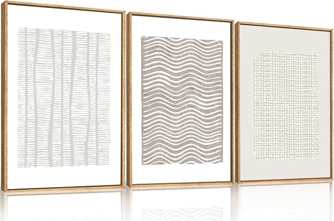 Large Abstract White and Beige Framed Canvas Wall Art,Geometric Dot and Line Wall Decor,Modern Wave Lines Artwork,Neutral Minimalist Shapes Art Print for Living Room,Bedroom,Office- 24"x36"x3