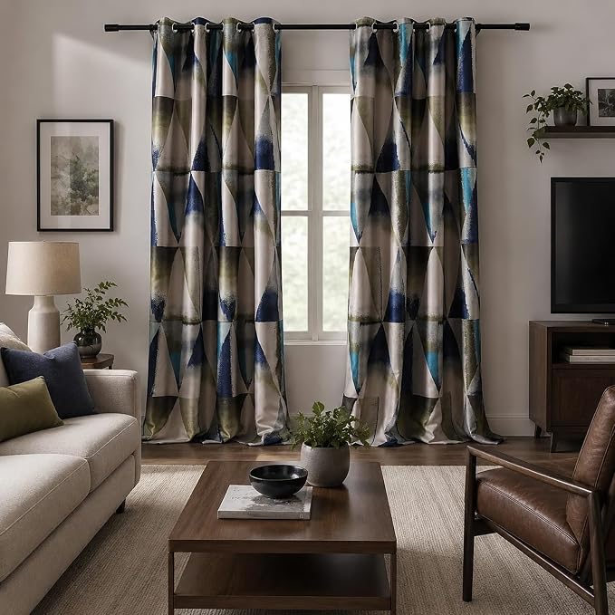 Leeva Window Curtains for Bedroom, Heavy Modern Style Geometric Blue Thermal Insulated Room Darkening Blackout Drapes for Living Room, 2 Panels, 52x84