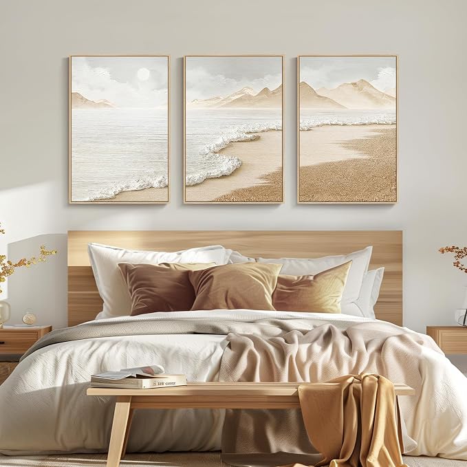 Framed Boho Abstract Beach Wall Art for Living Room, Large Neutral Coastal Canvas Prints Artwork for Walls, Set of 3 Piece Modern Minimalist Ocean Picture Print for Hallway Office Wall Decor, 24x36 In