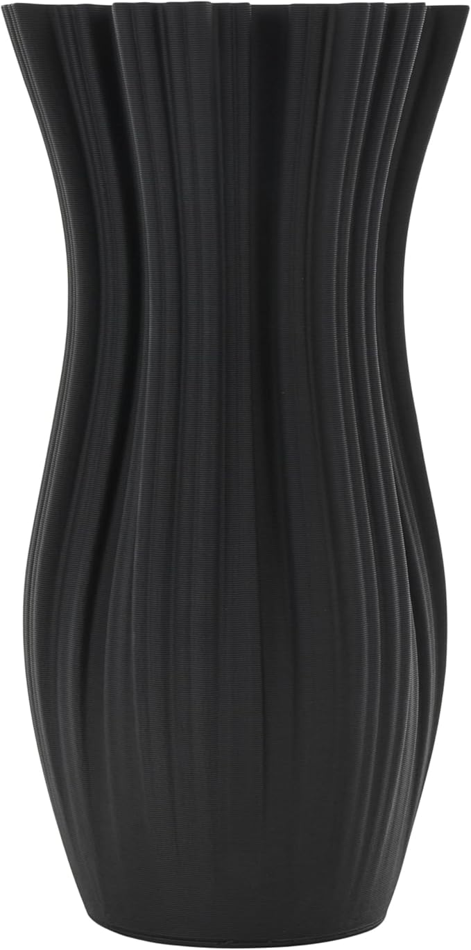 Deco 79 Ceramic Abstract Decorative Vase Ribbed Tulip Inspired Centerpiece Vase with Floral Shaped Rim, Flower Vase for Home Decoration 7" x 7" x 14", Black
