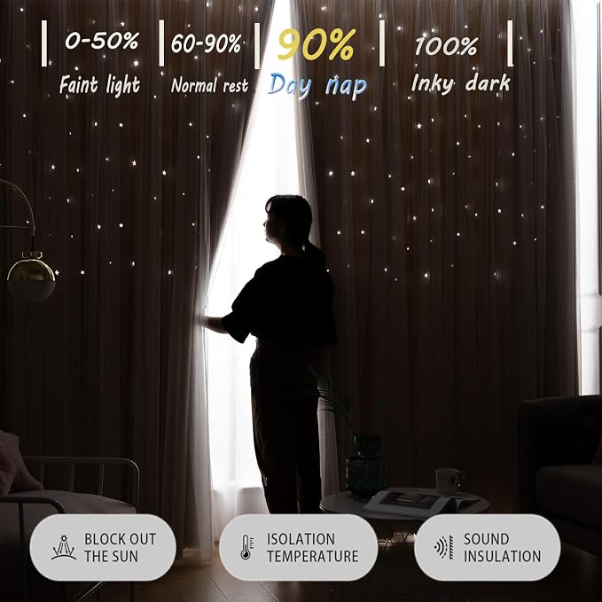 Beige Star Blackout Curtains 245 Length for Boy Bedroom 2 Panels Set, Privacy Boho Room Darkening Curtain for Glass Door, Thick Grommet Top Star Cutout Cute Kids Curtain (52" W x 245" L)