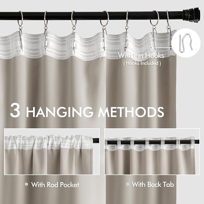 MIULEE Natural Back Tab Blackout Curtains 108 Inch Long 2 Panels Set for Bedroom, Rod Pocket/Pinch Pleat Extra Long Thermal Insulated Living Room Darkening Pleated Light Blocking Drapes