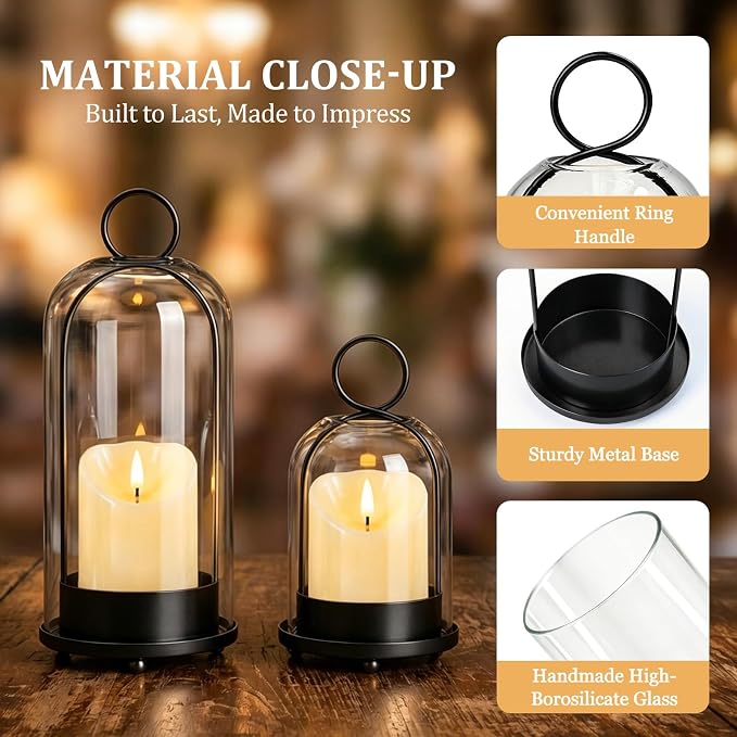 Brass Hurricane Handmade Sturdy Glass Dome Candle Holders with Glass Cover, Set of 2 Flameless Battery Operated LED Pillar Candles and Remote, Elegant Cloche Lantern for Modern Table Centerpiece
