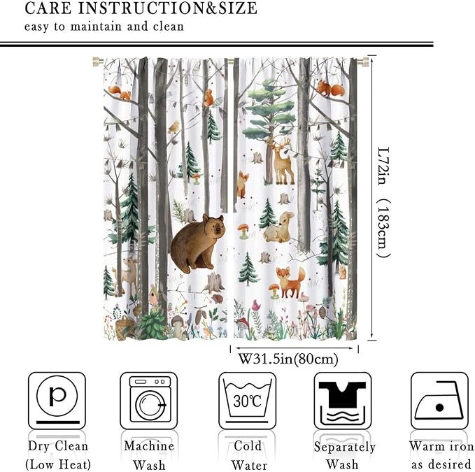 YCness Kid Forest Woodland Animal Fox Elk Bear Watercolor Print Curtains for Nursery Bedroom Living Room, Rustic Wild Animal Window Drapes 2 Panel Set, 63x72 Inch