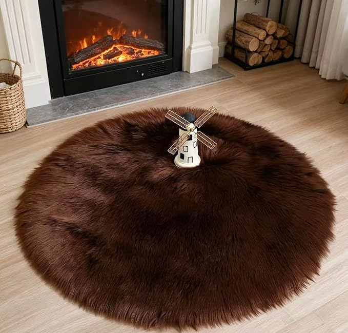 Faux Fur Rug 3 x 3 ft Round Coffee Shaggy Sheepskin Rug Soft Fluffy Plush Carpet Fuzzy for Bedroom Living Room Floor Nursery Kids Room Bedside Rugs