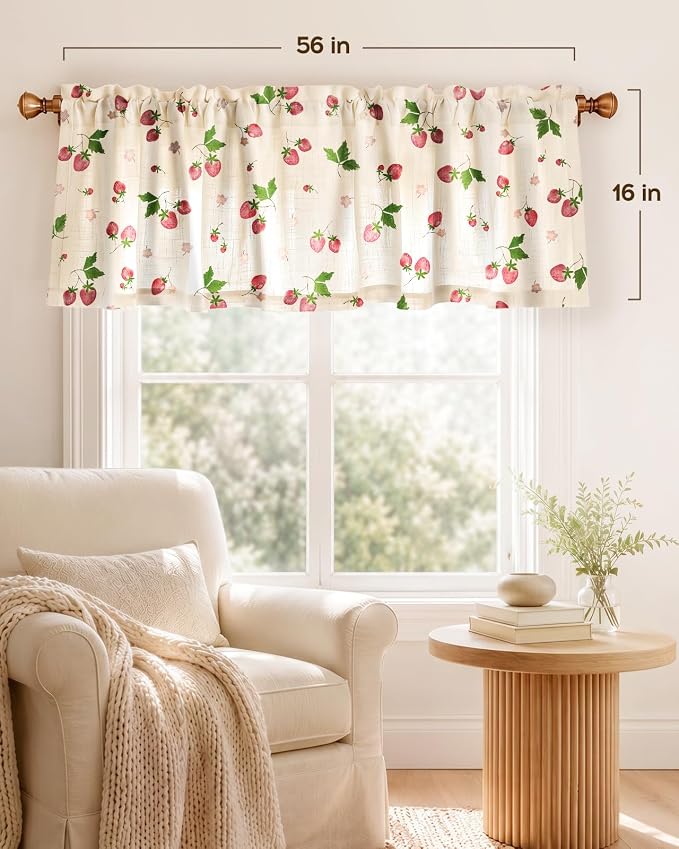 Miss Adola Valance Curtain for Windows - 16 Inch Linen Blend Farmhouse Strawberry Valance for Kitchen Living Room Bedroom Bathroom Short Curtain with Rod Pocket, 1 Panel