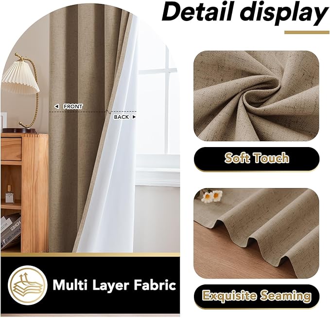 PrinceDeco Thick Linen Blackout Curtains Room Darkening Curtains 63 Inch Length Black Out Curtains for Bedroom Light Blocking Drapes with White Liner Grommet(2 Panels,Heathered Macchiato)