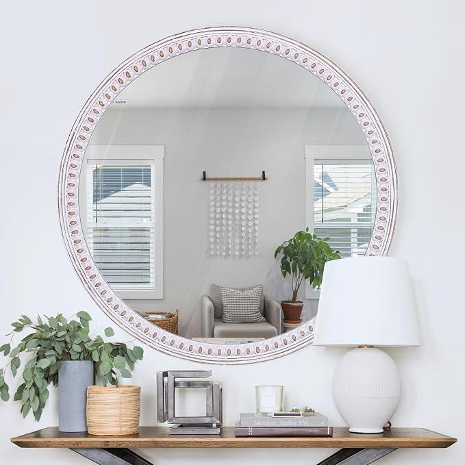30 Inch Farmhouse Round Mirror for Wall Decor, Wooden Decorative Mirrors | Circle Shape Softens Straight Lines, Balancing Bathroom Sinks, Living Room, Entryway, Fireplaces, or Narrow Passages