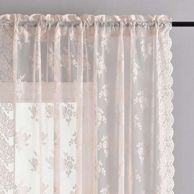 Kotile Blush Pink Sheer Curtains 84 Inches Long, 2 Panels, W42 x L84 Inch Each, Country Rusitc Floral Vintage Lace Curtains for Living Room Rod Pocket Light Filtering Privacy Sheer Window Lacy Curtain