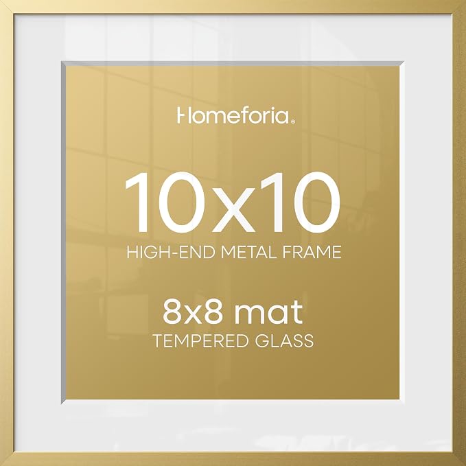 Homeforia Square 10x10 Gold Frame, High End Metal 10 by 10 Picture Frames with Mat 8 x 8, 10by10 Thin Poster Frame Matted to 8x8 inch Photo, Wall or Tabletop Frames, Tempered Glass, Wall Kit, Set of 1