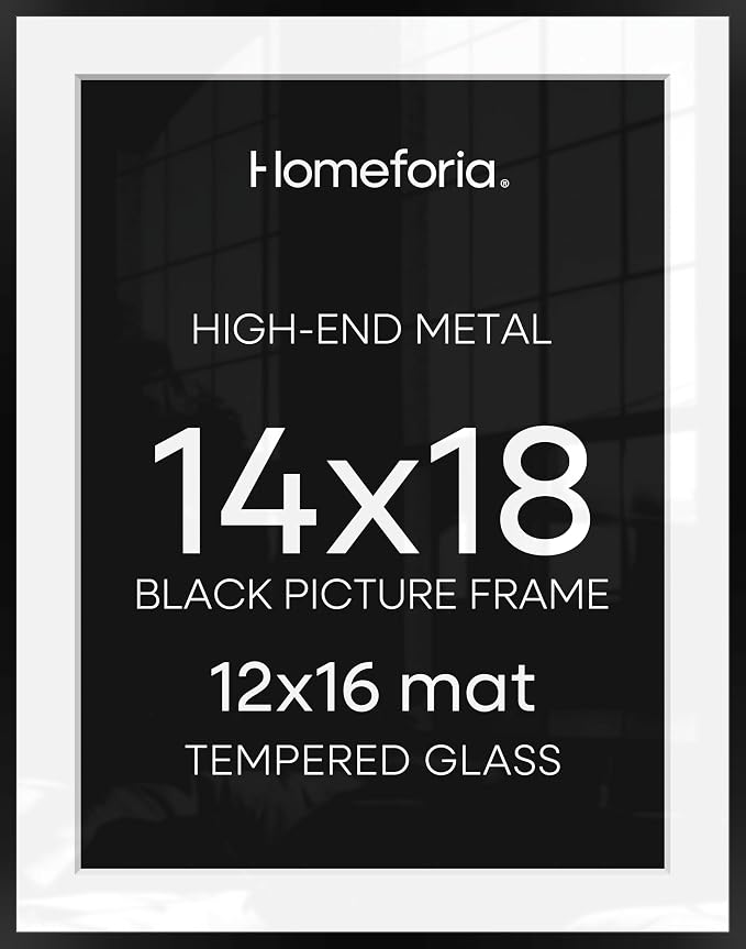 Homeforia 14x18 Picture Frame Black, High End Metal 14x18 Poster Frames with Mat 12x16 for Photo, 14 x 18 Black Frame Matted to 12 x 16 inch Print, 18x14 Thin Frame, Tempered Glass, Wall Kit, Set of 3