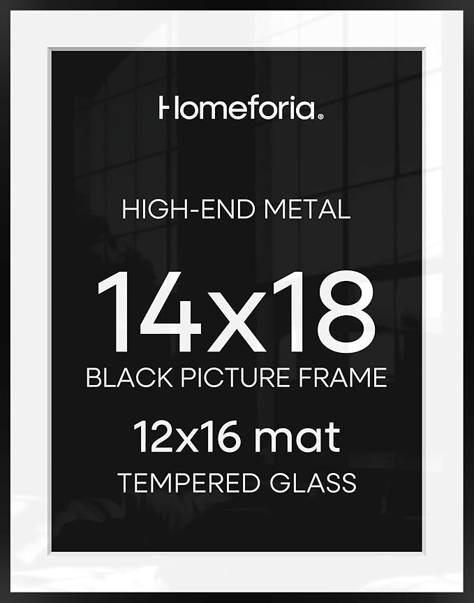 Homeforia 14x18 Picture Frame Black, High End Metal 14x18 Poster Frames with Mat 12x16 for Photo, 14 x 18 Black Frame Matted to 12 x 16 inch Print, 18x14 Thin Frame, Tempered Glass, Wall Kit, Set of 1