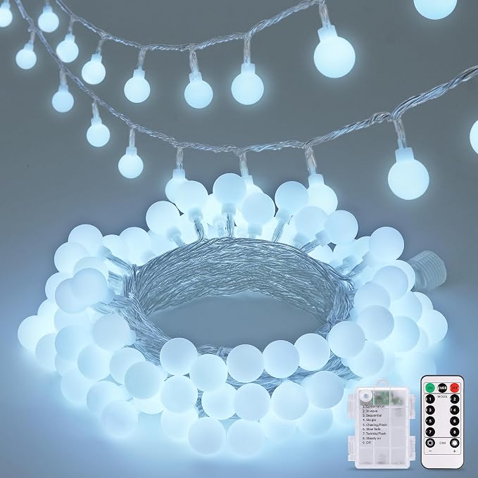 JMEXSUSS 33FT 100 LED Globe White String Lights Battery Operated | Fairy Lights Indoor Outdoor Waterproof Battery Powered String Lights with Remote for Wedding Bedroom Classroom Camping Decor