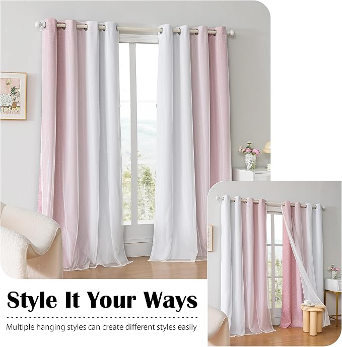 Ombre 100% Blackout Curtains 90 Inches Long 2 Panels for Girls Bedroom Living Room Pink and White Double Layer Sheer Overlay Mix & Match Grommet Thermal Soundproof Drapes with Tiebacks