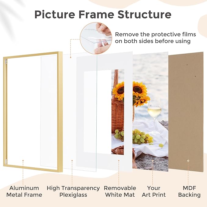 FLYJOE 12x16 Metal Picture Frame for Wall With Mat for 9x12, 12''x16'' Aluminum Certificate Document Frames With Plexiglass, Minimalist Modern Poster Frame Horizontally And Vertically, Gold