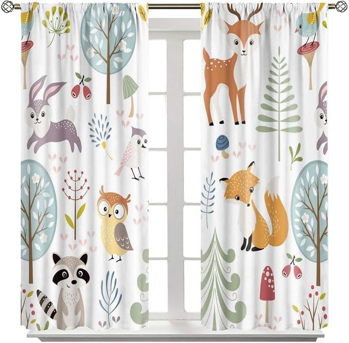 Nursery Safari Animals Curtains, Baby Boy Girl Kids Woodland Jungle Forest Lion Elephant Printed Curtains for Living Room Bedroom Window Drapes 2 Panel Sets42x54 Inch