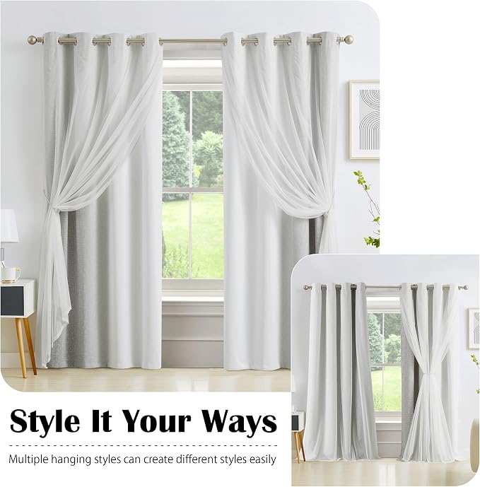 Ombre 100% Blackout Curtains 84 Inches Long 2 Panels for Bedroom Living Room Grey and White Double Layer Sheer Overlay Mix & Match Grommet Thermal Soundproof Drapes with Tiebacks, 52x84