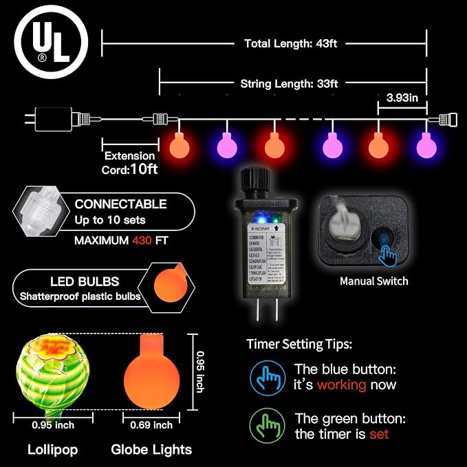 suddus 43ft Connectable Globe String Lights Plug in Remote Purple Orange | 100 Led Hanging Fairy Lights With Timer 8 Mode,String Lights for Bedroom for bedroom,Halloween Indoor ,Outdoor Decor