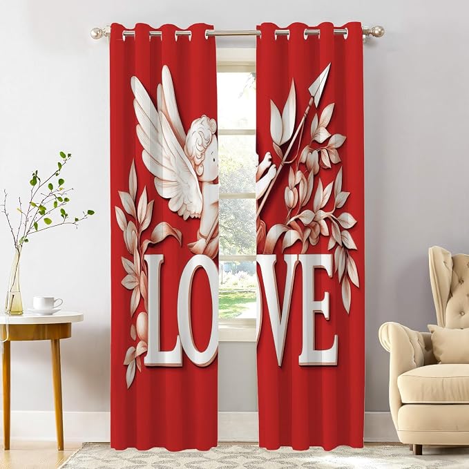 Shrahala Cupid Love Thermal Insulated Blackout Window Curtains, Romantic Love Long Drapes for Bedroom/Living Room with Plastic Grommet, 52X84 Set of 2