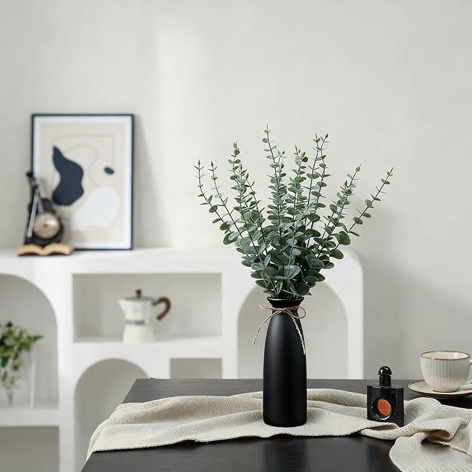 Vase with Greenery, 20pcs Artificial Eucalyptus Stems in Black Vase, Fake Plant Home Decor, 19" Decorative Faux Plants for Home Farmhouse Mantle Centerpiece Decor