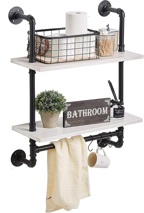 ROGMARS White Bathroom Floating Shelves for Wall Industrial Pipe Shelving | 24 Inch Wall Mounted Shelves with Towel Bar Hooks Coffee Bar Shelves Wine Hanging Display Rack Bookshelf Living Room Decor