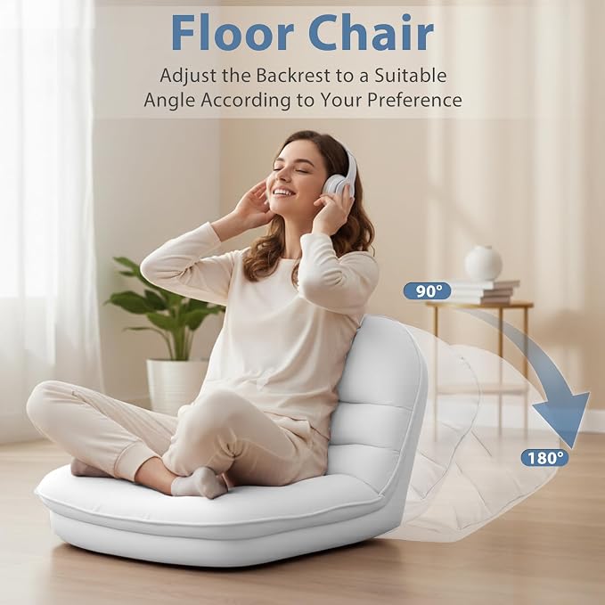 DUMOS Comfy Saucer Chair, PU Leather Foldable Chairs for Bedroom, Dorm & Gaming, Fashion Folding Floor Chair with Back Support for Small Spaces, New White