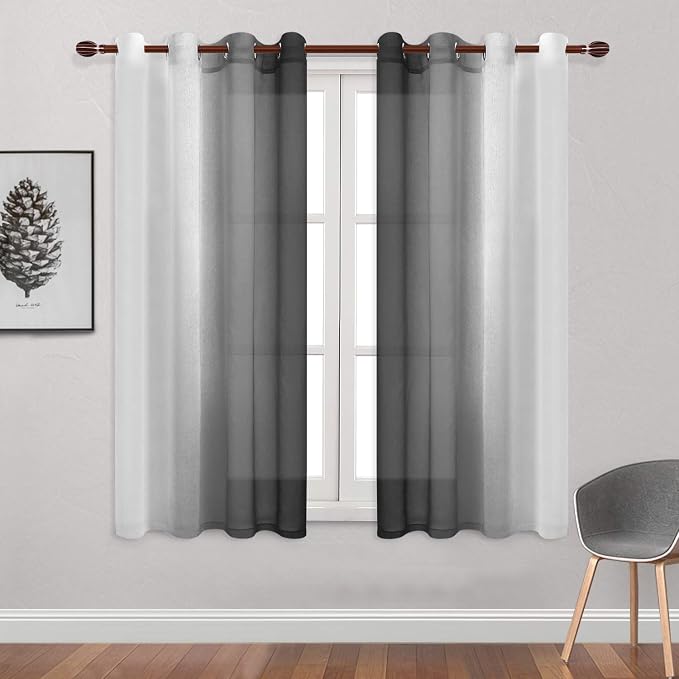 DWCN Black Ombre Sheer Curtains - Faux Linen Gradient Semi Voile Grommet Top Bedroom and Living Room Curtains, Set of 2 Window Curtain Panels, 52 x 63 Inch Length, Black