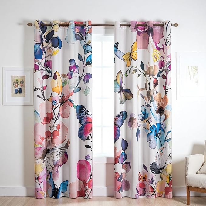 Pink Floral Blackout Curtains 84 inch Long 2 Panels Grommet Colorful Butterfly and Flower Botanical Black Out Curtains for Bedroom Living Room Thermal Insulated Room Darkening Window Drapes,42Wx84L