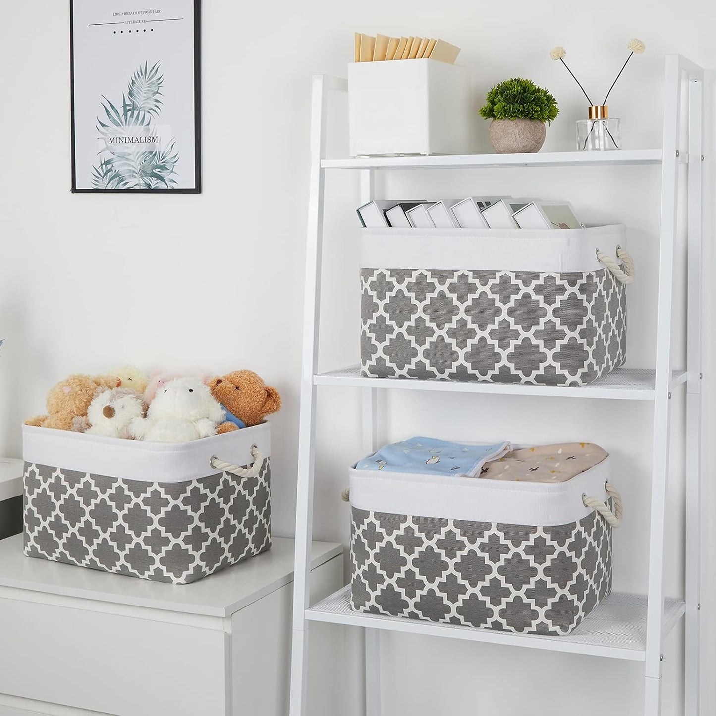 Bidtakay Basket Storage Bins Baskets for Organizing Set of 3 Collapsible Cloth Storage Linen Closet Organizer 15 X 11 X 9.5 Inches Large Foldable Baskets for Shelves (White&Quatrefoil Grey)