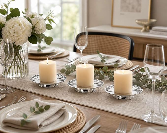 ADAVAS.Y&G Ceramic Silver Candle Plate Set, 3-Piece – Decorative Candle Holder Tray for Pillar Candles, Jewelry, Trinkets or Bathroom Counter – Elegant Silver Finish for Tabletop & Home Décor