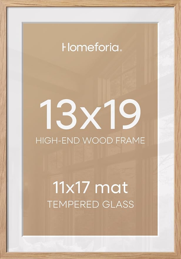 Homeforia 13x19 Picture Frame Wood, High End Natural Oak 13x19 Light Wooden Poster Frame with Mat 11x17, 13 x 19 Frames Matted to 11 x 17 Photo, 19x13 Hanging Frame, Tempered Glass, Wall Kit, Set of 2