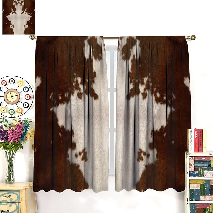 Cow Print Blackout Curtain, Animal Fur Brown Cowhide Western Farm Style Window Treatments Rod Pocket Curtain for Bedroom Living Room Kitchen Decor Drapes 72x63in