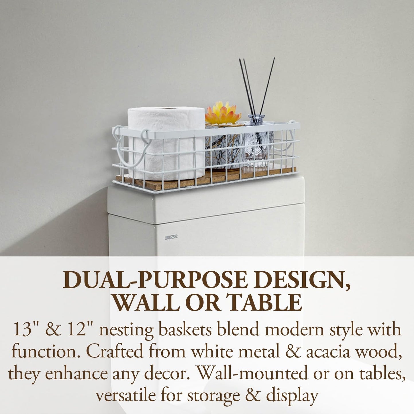 MyGift 13 and 12 Inch Nesting Storage Baskets with Handles, Wall Mounted or Tabletop White Metal Wire and Premium Acacia Wood Decorative Shelf Organizer Bins, 2 Piece Set