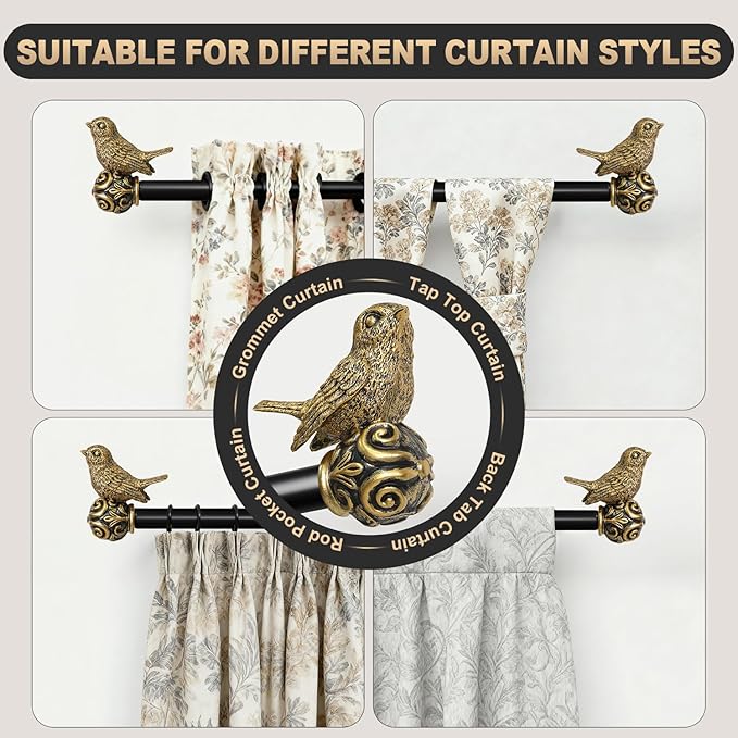 Black Curtain Rods for Windows 48 to 84 Inch, Vintage Decorative Curtain Rod with Gold Bird Finials, 1'' Adjustable Heavy Duty Drapery Rod Set for Bedroom Living Room Kitchen,36-88''
