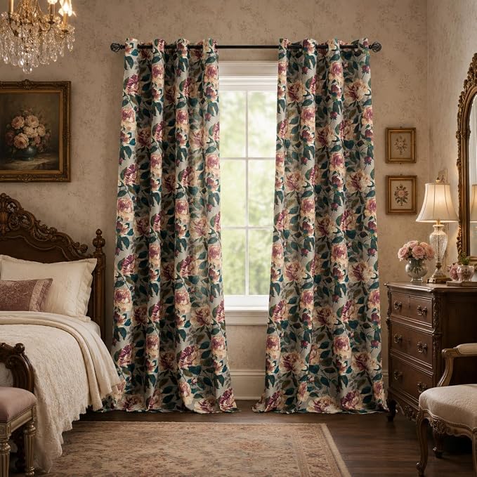 ALIGOGO Printed Botanical Curtains 96 Inches Long - 70s Two Pages Floral Curtains for Dining Room, Retro Spring Peony Leaf Light Filtering Linen Drapes Grommet Top, 50 x 96 Inches, Green & Beige