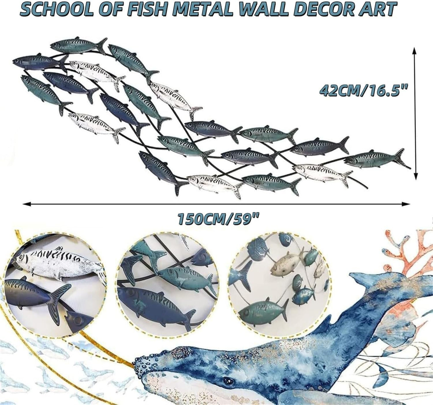 Coastal Metal Fish Wall Decor, Large Nautical Fish Wall Décor,School of 20 Fish Wall Art,3D Fish Wall Sculpture,Fish Metallic Art Decor,Perfect for Living Room,Bedroom,Beach Or Boat Decor,59" X 16.5"
