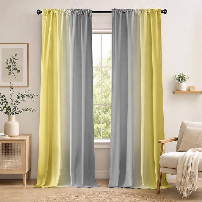 Yellow and Grayish Curtains for Living Room 84 Inch Length Ombre Curtains 2 Panel Bedroom Yellow and Grey Curtains Rod Pocket Light Filtering Window Curtain Modern Gradient Drapes