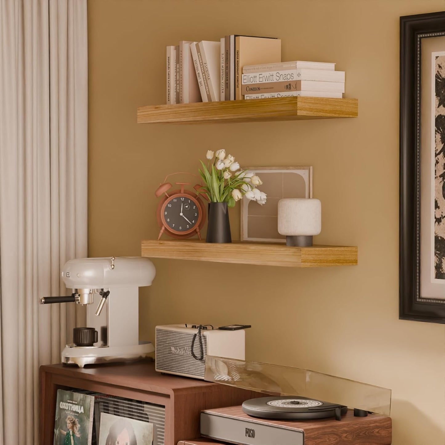 IAE Floating Wall Shelves 16 inch,Bathroom Shelves Wall Mounted,Invisible Shelves Floating Kitchen Shelves,Wooden Wall Shelves with Brackets for Living Room Wall Mounted,Easy Install,Set of 2,Natural