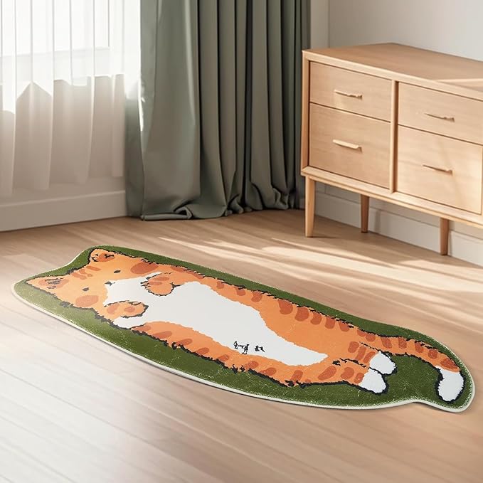 Cat Rugs, 1.3' X 3.9' Small Cute Irregular Shaped Rug for Bedroom Bathroom Room, Funny Cartoon Pet Area Carpet Kid Rugs, Cat Decor Dog Shaped Pet and Children Entryway Runner Rug (A Green Cat)