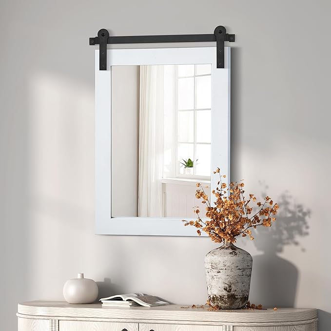 COGOOD Farmhouse Barn Door Mirror - 22 x 30 Rustic Wood Framed Wall Mirror for Bathroom, Living Room, Entryway Wall Decor (Pure White)