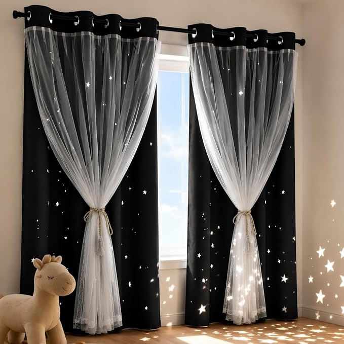 Kids Blackout Curtains for Bedroom/Living Room/Classroom, Sheer Overlay Small 2 Panel Set, Double Layer Curtains with Star Cutout for Kids Room(W 52 x L 36 Inches,Black 2 Pcs)