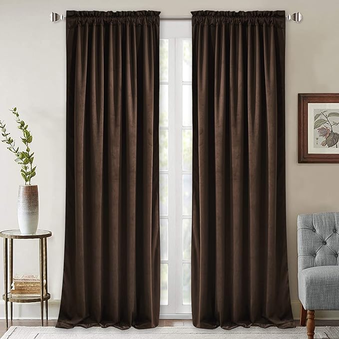 StangH Brown Velvet Blackout Curtains 108 inches Rod Pocket, 2 Panels | Fall Curtains, 300GSM Heavy Soft Velvet, Thermal Insulated, Energy Saving, Bedroom, Living Room, Dining Room, Luxury