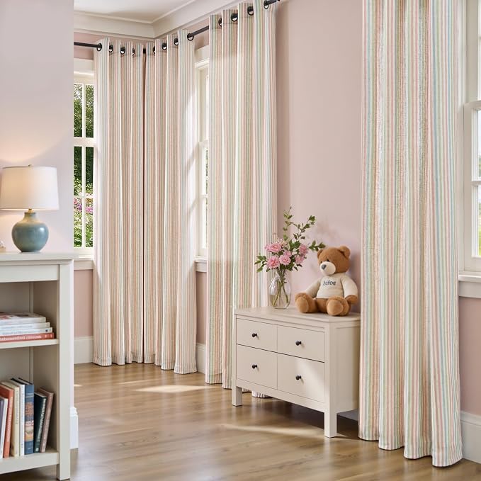 jinchan Linen Curtains for Living Room Candy Striped Curtains 63 inch Length for Baby Girls Kids Room, Ticking Stripe Pattern Light Filtering Nursery Drapes, Grommet Window Treatments, 2 Panels Candy