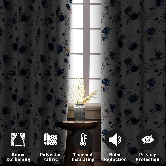 Renaiss Blue and White Floral Blackout Curtains Gold Line Rose Flowers Thermal Insulated Window Drapes for Bedroom 29W x 45L inches 2 Panel Set Window Curtain Panels for Kitchen