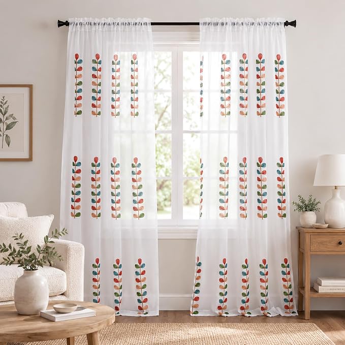 VOGOL Sheer Curtains 84 Inches Long, Colorful Leaves Embroidered White Sheer Window Curtain for Living Room/Dining Room, Rod Pocket, 52 x 84, 2 Panels