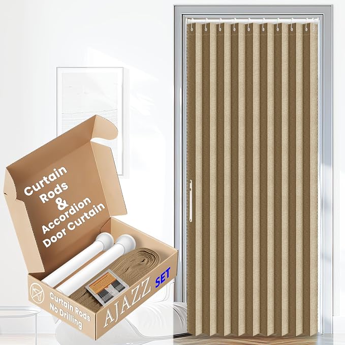 AJAZZ Set: Curtain Rods No Drilling (38-53" W Adjustable Range) & Accordion Door Curtain, Brown 53W×78" L, Accordion Doors for Closet Doorway Room Divider