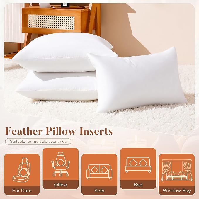 DOWNSTORIA 12x20 Feather Down Pillow Inserts Set of 2, Decorative Pillows with 100% Coton Cover, Throw Pillow for Bed, Couch and Sofa.