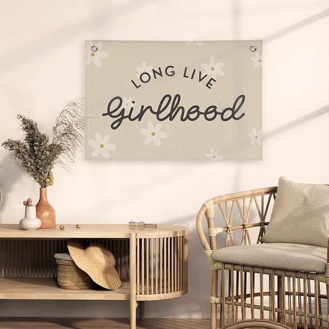 Boho Girls Room Decor，Long Live Girlhood Linen Banner Hanging Flag Flower Daisy Banner for Nursery Playroom Wall Decor Kids Bedroom Dorm Toddler Decorations Trendy Room 30x20 girlroom