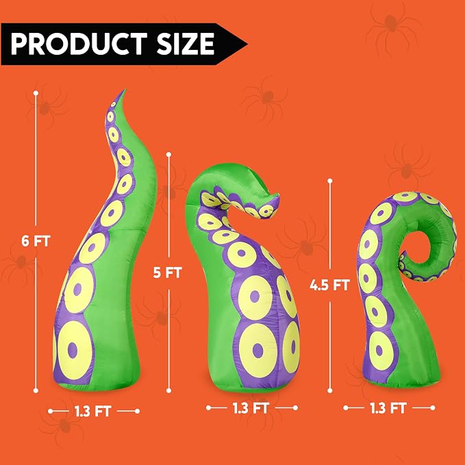 Joiedomi 3 Pcs Halloween Inflatables Green Octopus Tentacle Outdoor Decorations, Octopus Tentacle with Build-in LEDs Halloween Window Decoration with Light Blow Up for Yard Party Decors Outside